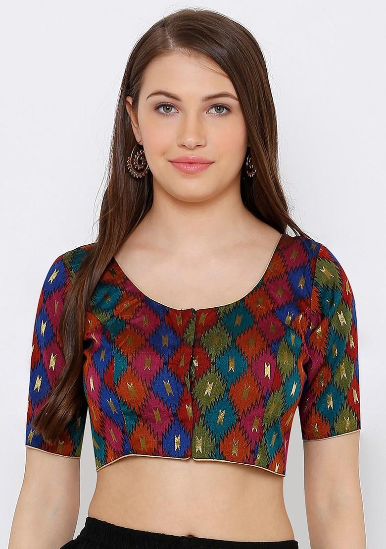Women Maroon And Blue Printed Readymade Saree Blouse