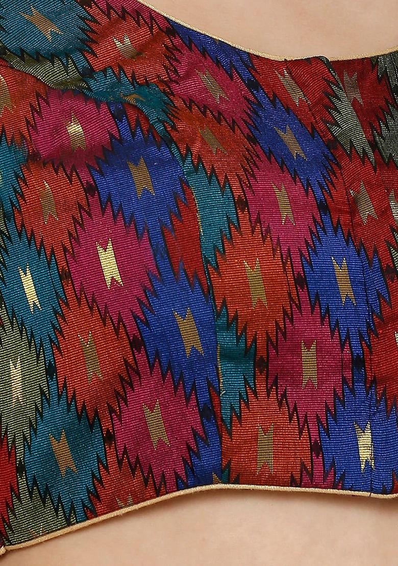 Women Maroon And Blue Printed Readymade Saree Blouse