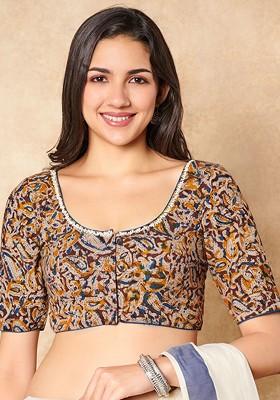 Kalamkari Printed Pure Cotton Round Neck Saree Blouse