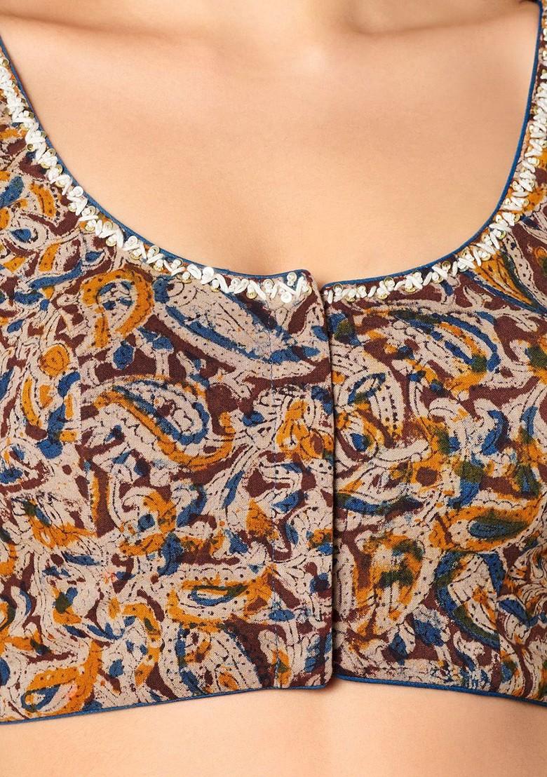 Kalamkari Printed Pure Cotton Round Neck Saree Blouse