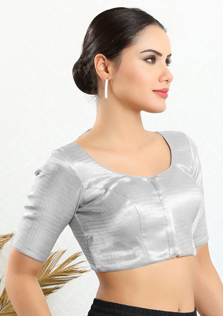 Round Neck Short Sleeves Shimmer Readymade Saree Blouse