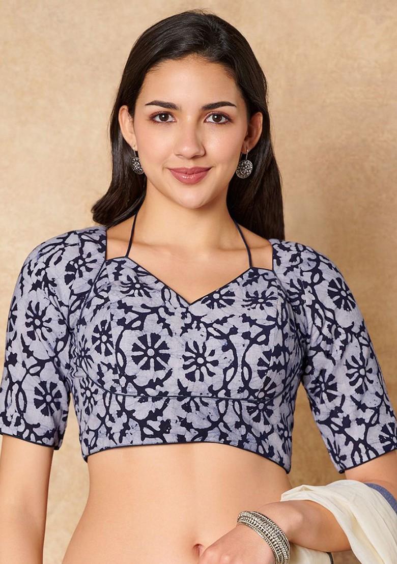 Batik Printed Pure Cotton Sweetheart Neck Saree Blouse