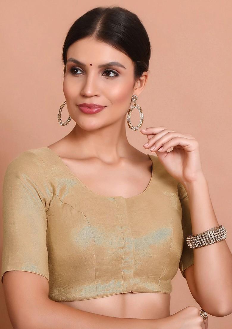 Light Gold Solid Round Neck Padded Saree Blouse