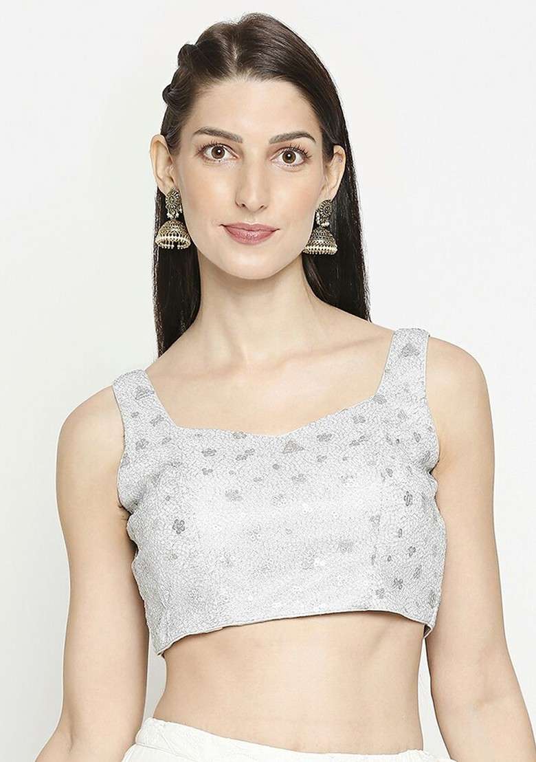Women Silver Coloured Embroidered Readymade Saree Blouse - Indya
