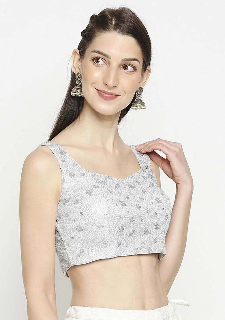Women Silver Coloured Embroidered Readymade Saree Blouse - Indya