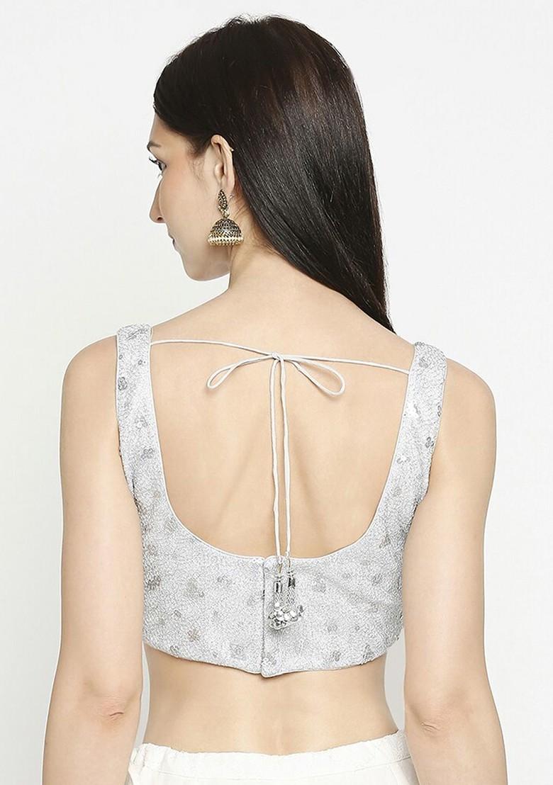 Women Silver Coloured Embroidered Readymade Saree Blouse