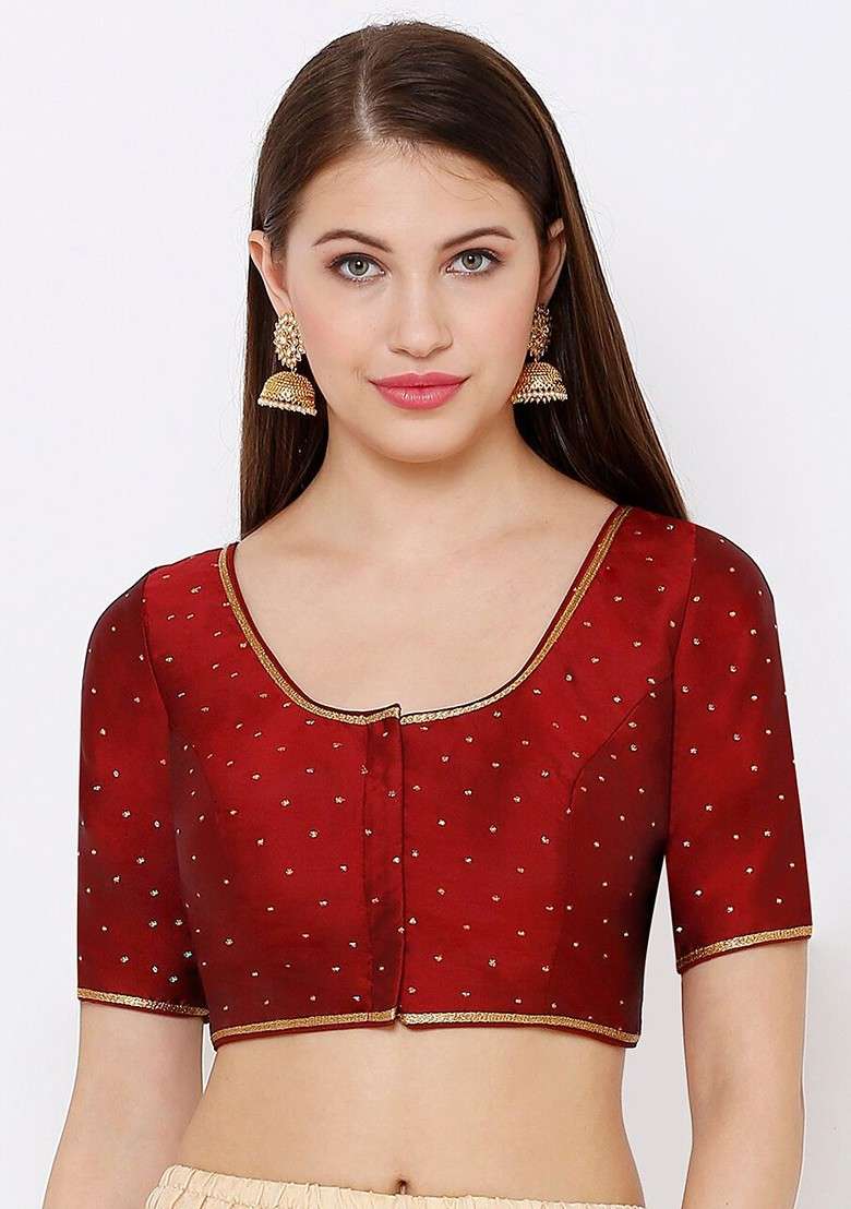 Women Maroon Woven Design Readymade Saree Blouse - Indya