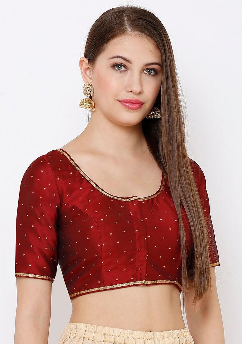 Women Maroon Woven Design Readymade Saree Blouse
