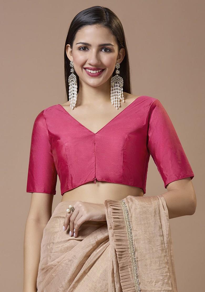 Silk V Neck Elbow Length Sleeves Padded Saree Blouse