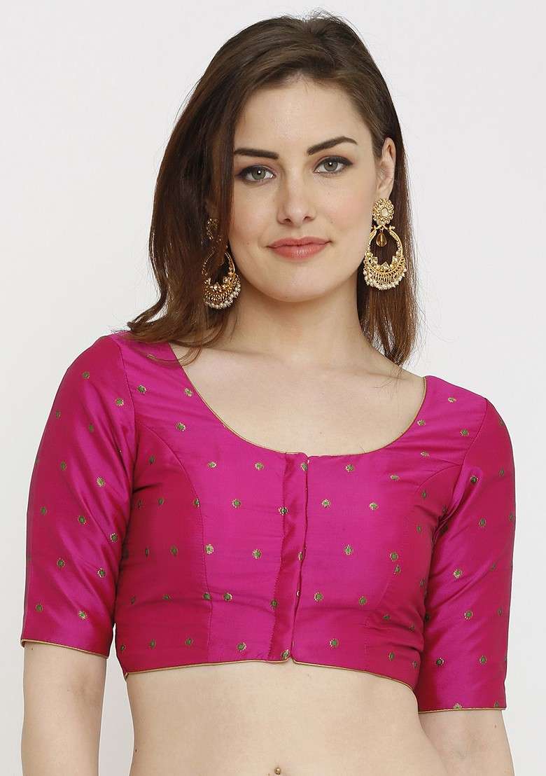 Women Pink Printed Dupion Silk Padded Saree Blouse - Indya
