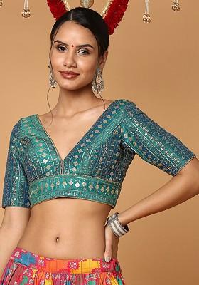 V Neck Green Embroidered Readymade Saree Blouse