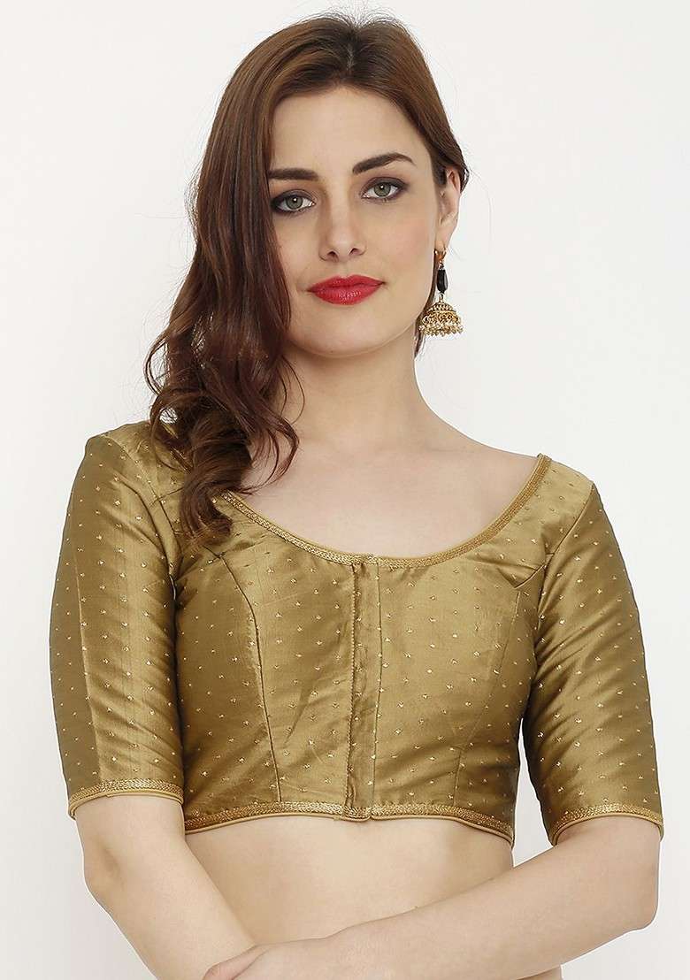 Women Gold Toned Embroidered Dupion Silk Saree Blouse - Indya