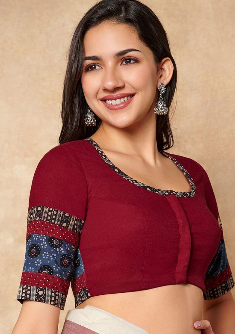 Ajrakh Printed Pure Cotton Round Neck Saree Blouse