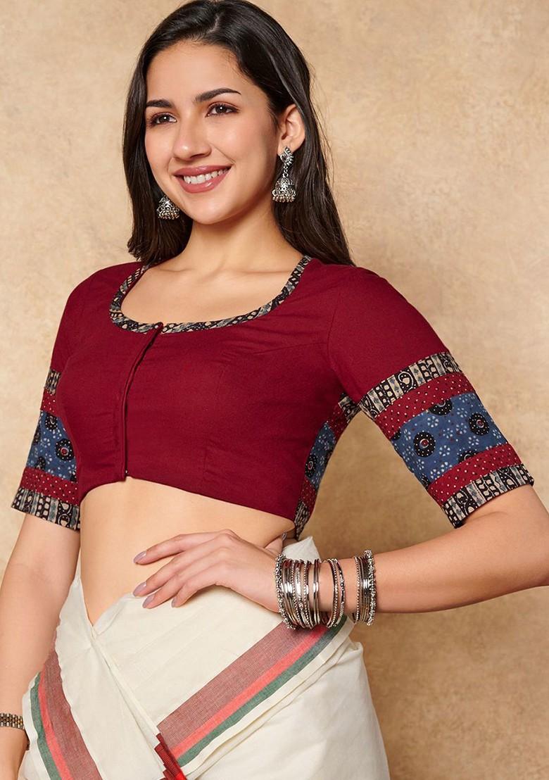 Ajrakh Printed Pure Cotton Round Neck Saree Blouse