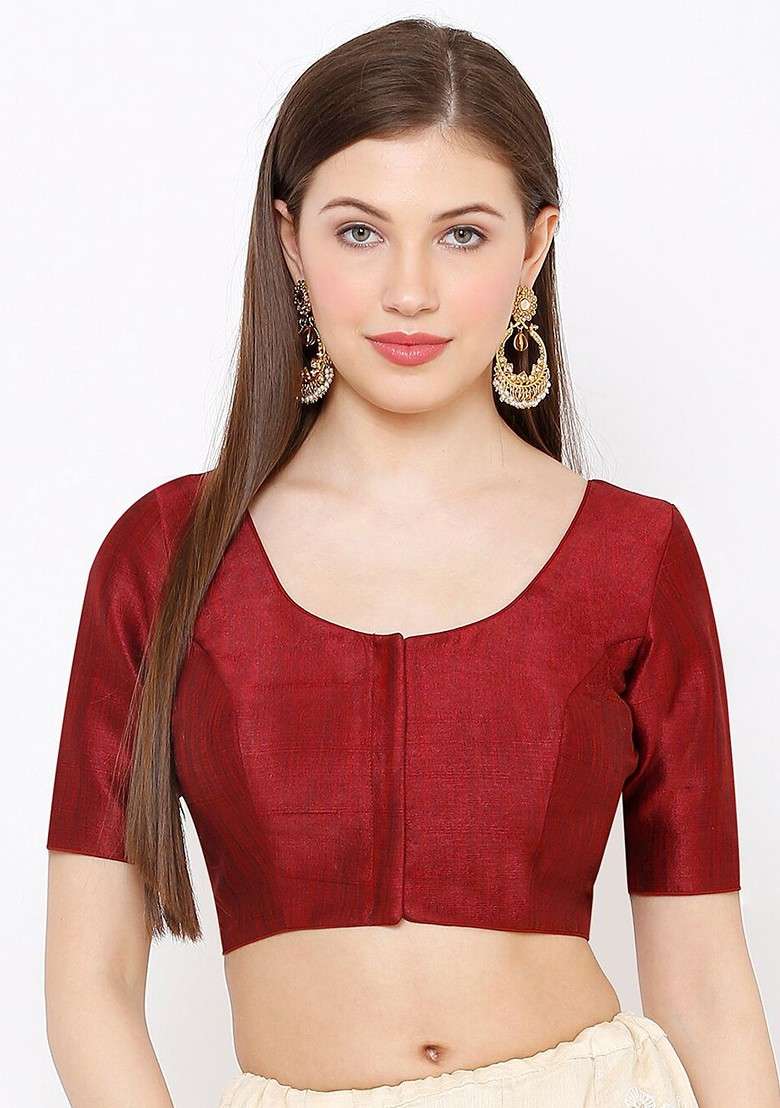 Women Maroon Solid Readymade Mulberry Silk Saree Blouse - Indya