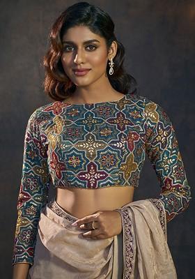 Embroidered Boat Neck Long Sleeves Padded Saree Blouse