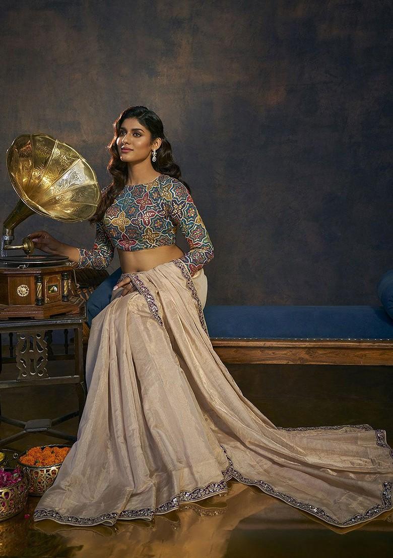 Embroidered Boat Neck Long Sleeves Padded Saree Blouse