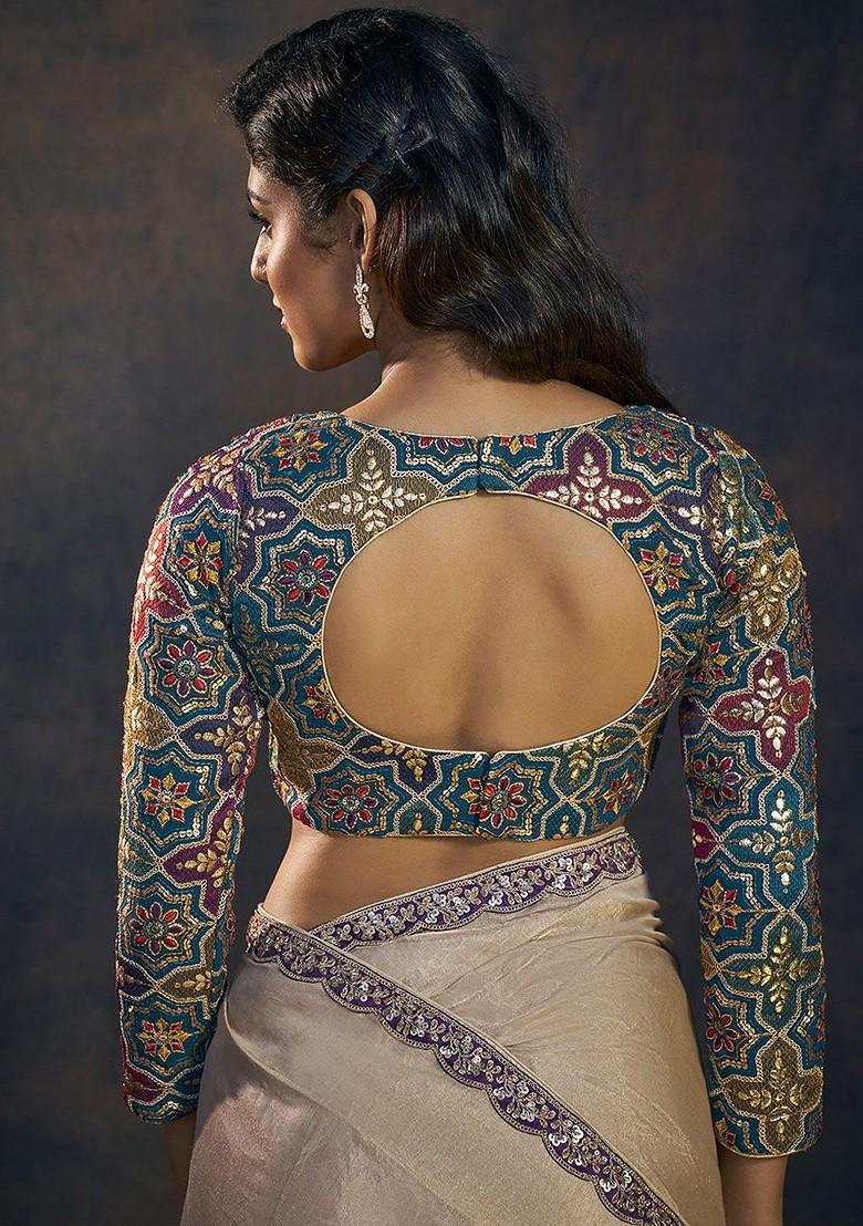 Embroidered Boat Neck Long Sleeves Padded Saree Blouse