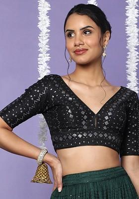 V Neck Black Embroidered Readymade Saree Blouse