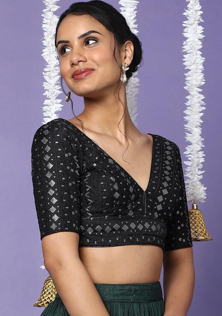 V Neck Black Embroidered Readymade Saree Blouse