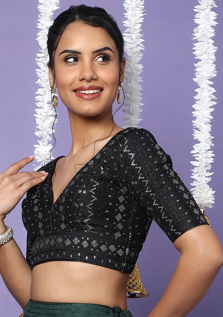 V Neck Black Embroidered Readymade Saree Blouse