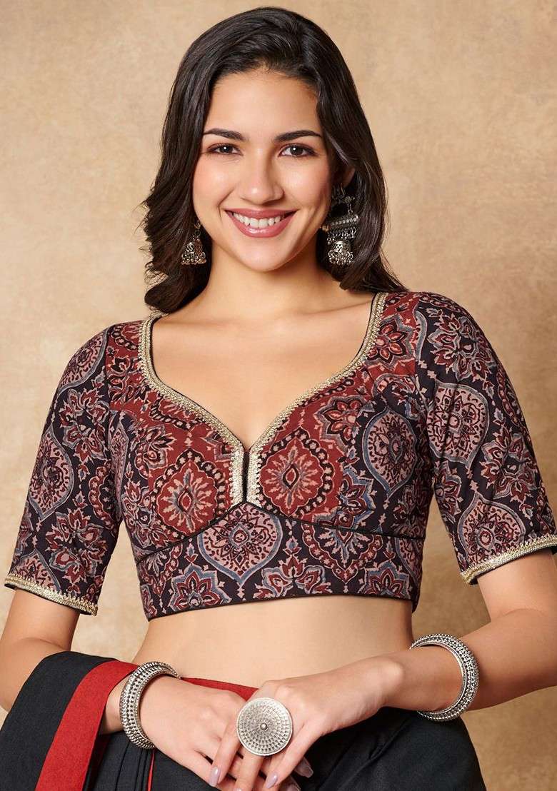 Ajrakh Hand Block Printed Sweetheart Neck Pure Cotton Readymade Blouse - Indya
