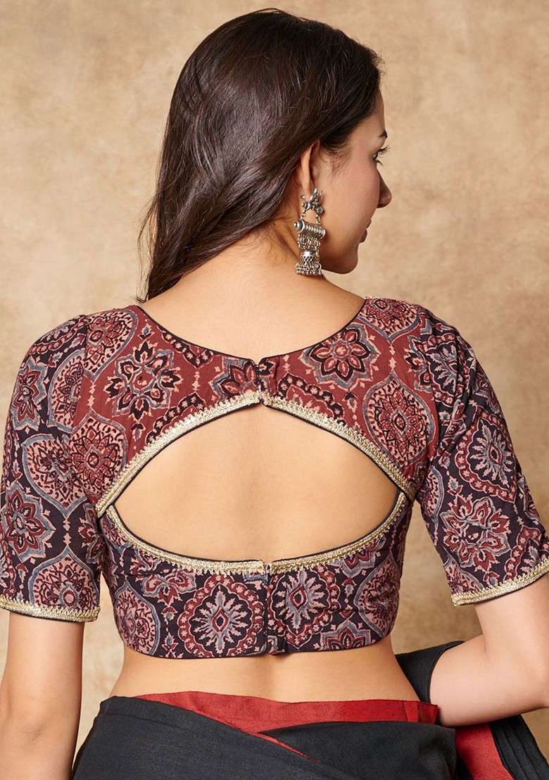Ajrakh Hand Block Printed Sweetheart Neck Pure Cotton Readymade Blouse - Indya