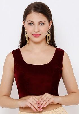 Women Maroon Solid Velvet Readymade Saree Blouse