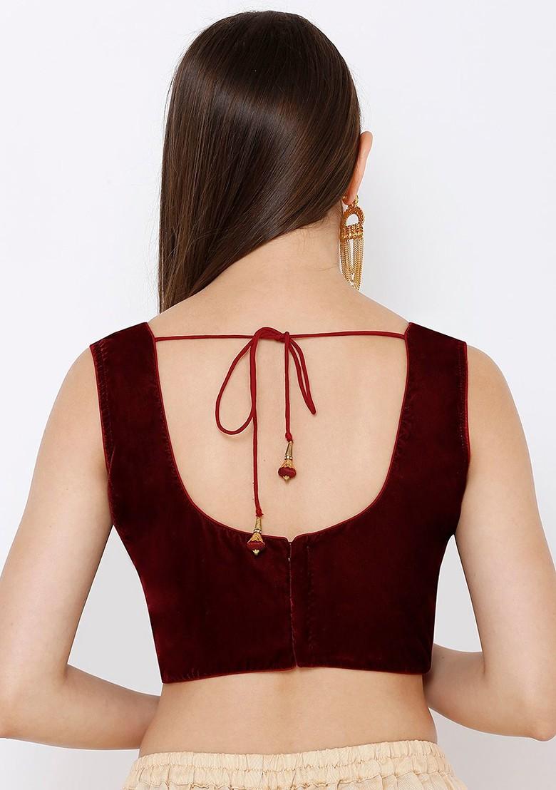 Women Maroon Solid Velvet Readymade Saree Blouse