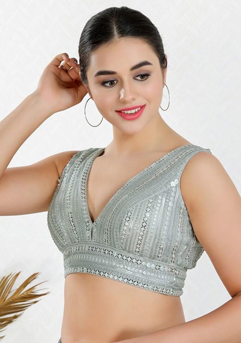 V Neck Sleeveless Embroidered Saree Blouse