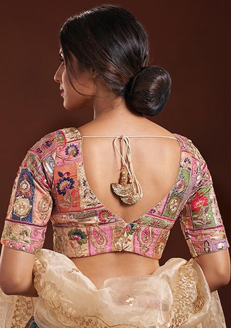 V Neck Embroidered Silk Readymade Saree Blouse