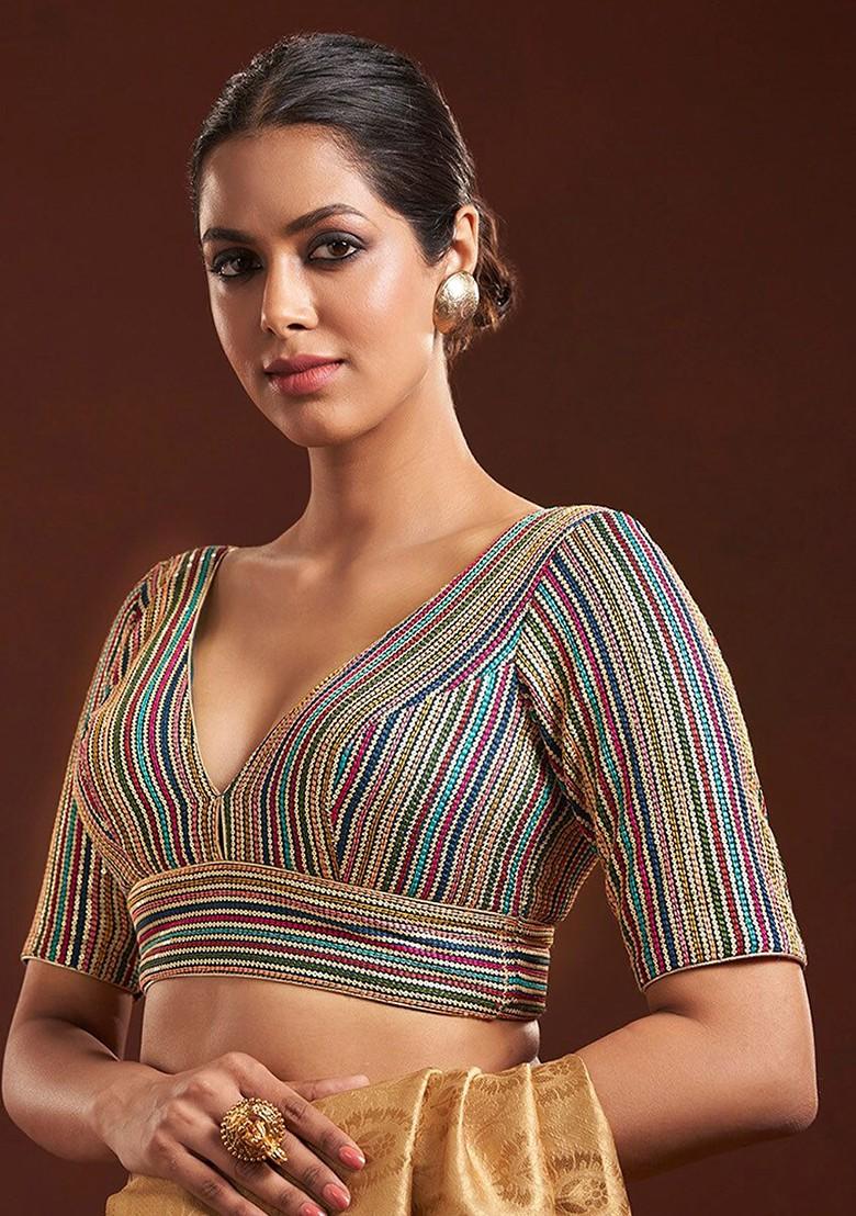 V Neck Stripe Embroidered Readymade Saree Blouse