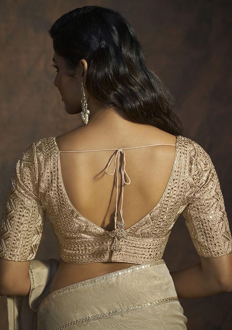 Embroidered Beige Sequin Embellished And Embroidered V Neck Padded Blouse