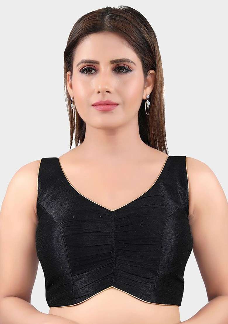 Women Black Solid Readymade Saree Blouse - Indya