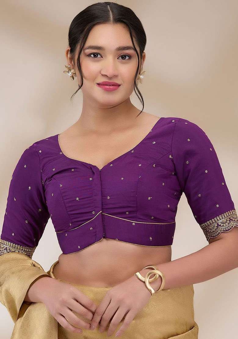Embroidered Short Sleeves Padded Saree Blouse - Indya