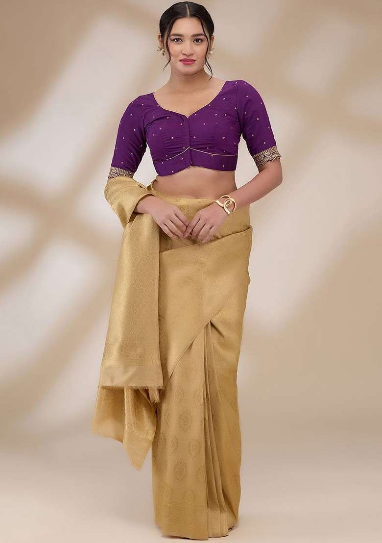 Embroidered Short Sleeves Padded Saree Blouse - Indya