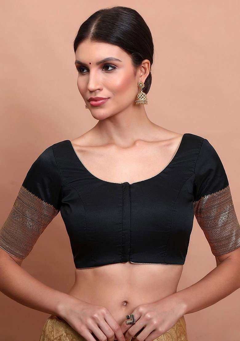 Woven Design Round Neck Saree Blouse - Indya