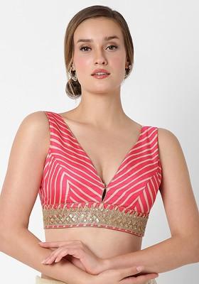 Women Pink And Gold Coloured Embroidered Readymade Saree Blouse