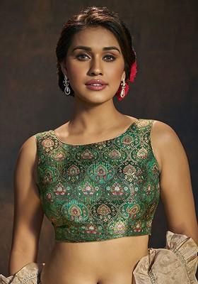 Woven Design Brocade Round Neck Padded Saree Blouse