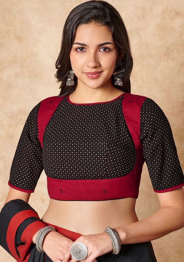 Ajrakh Printed Pure Cotton Round Neck Saree Blouse - Indya