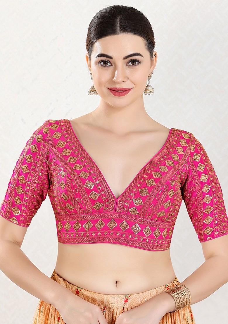 Embroidered Silk V Neck Saree Blouse