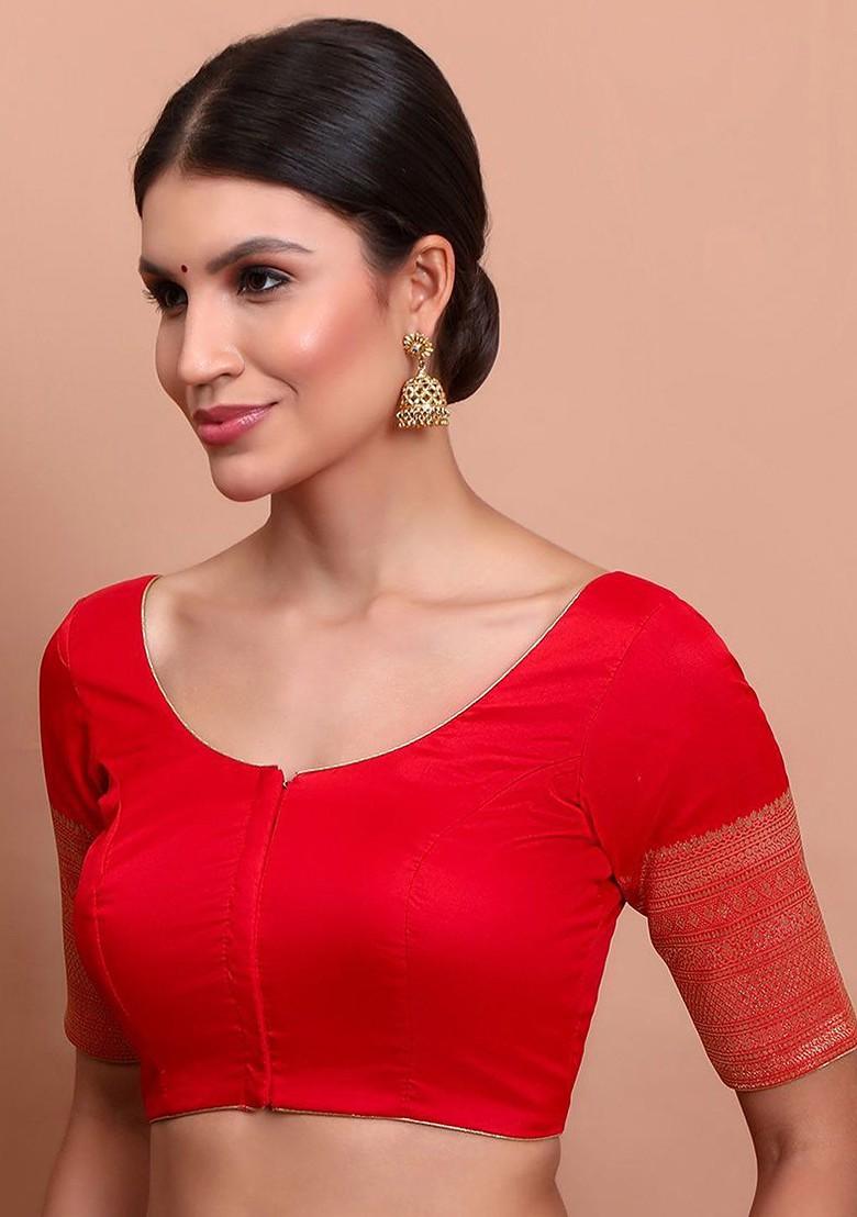 Woven Designed Silk Round Neck Saree Blouse