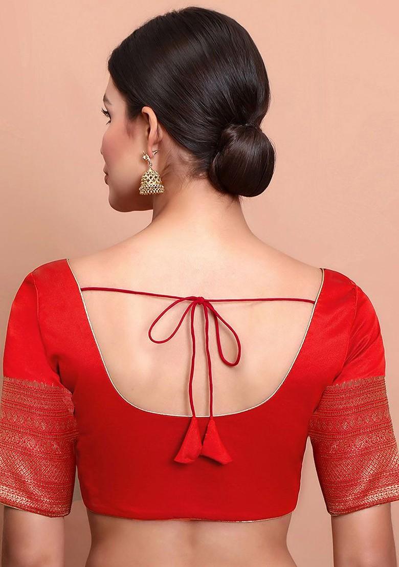 Woven Designed Silk Round Neck Saree Blouse