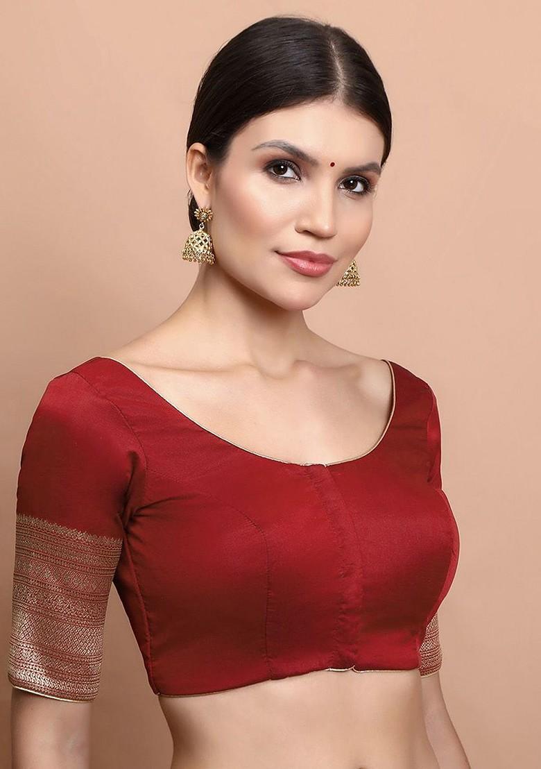 Woven Designed Silk Round Neck Saree Blouse