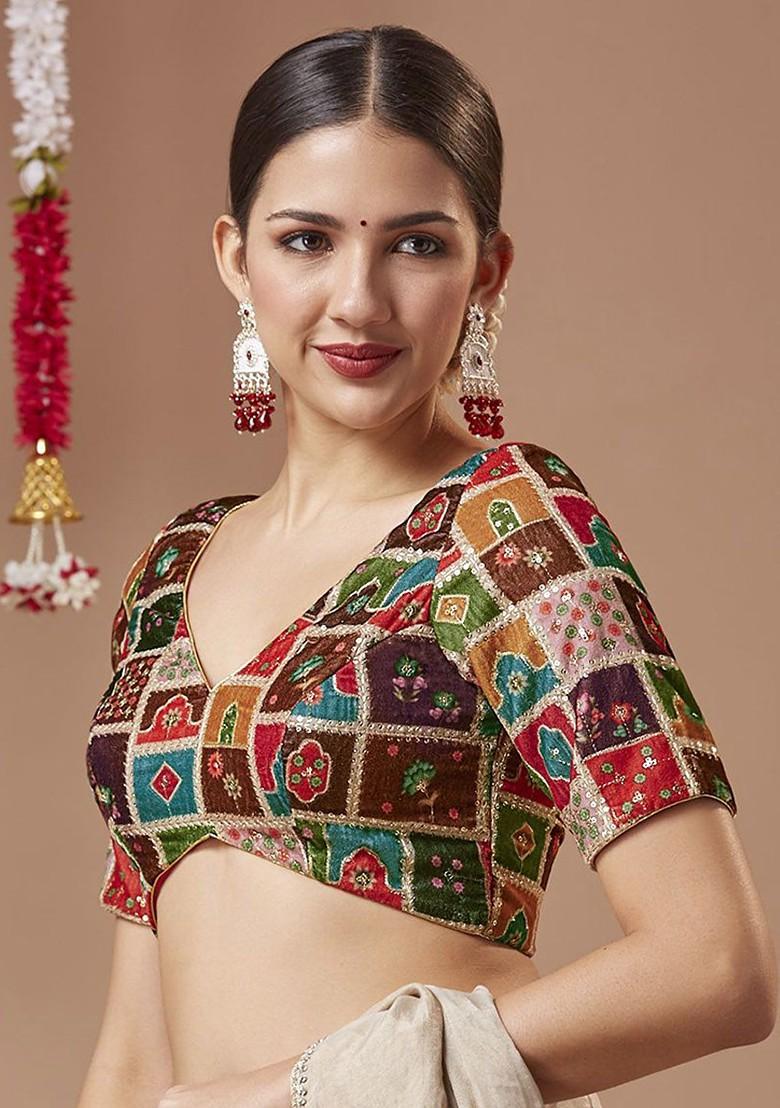 Velvet Padded Sweetheart Neck Readymade Blouse With Elbow Length Sleeves