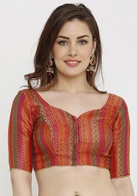 Women Multicolored Printed Dupion Silk Padded Saree Blouse