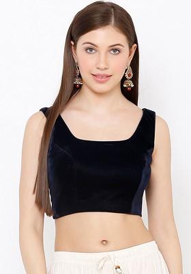 Women Navy Blue Velvet Readymade Saree Blouse