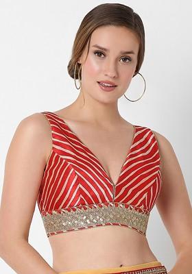 Women Red Embroidered Silk Saree Blouse