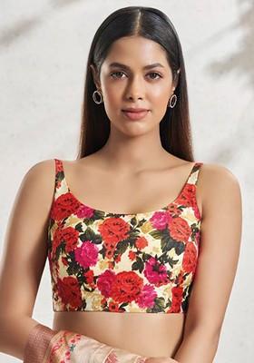 Floral Print Sleeveless Silk Readymade Saree Blouse
