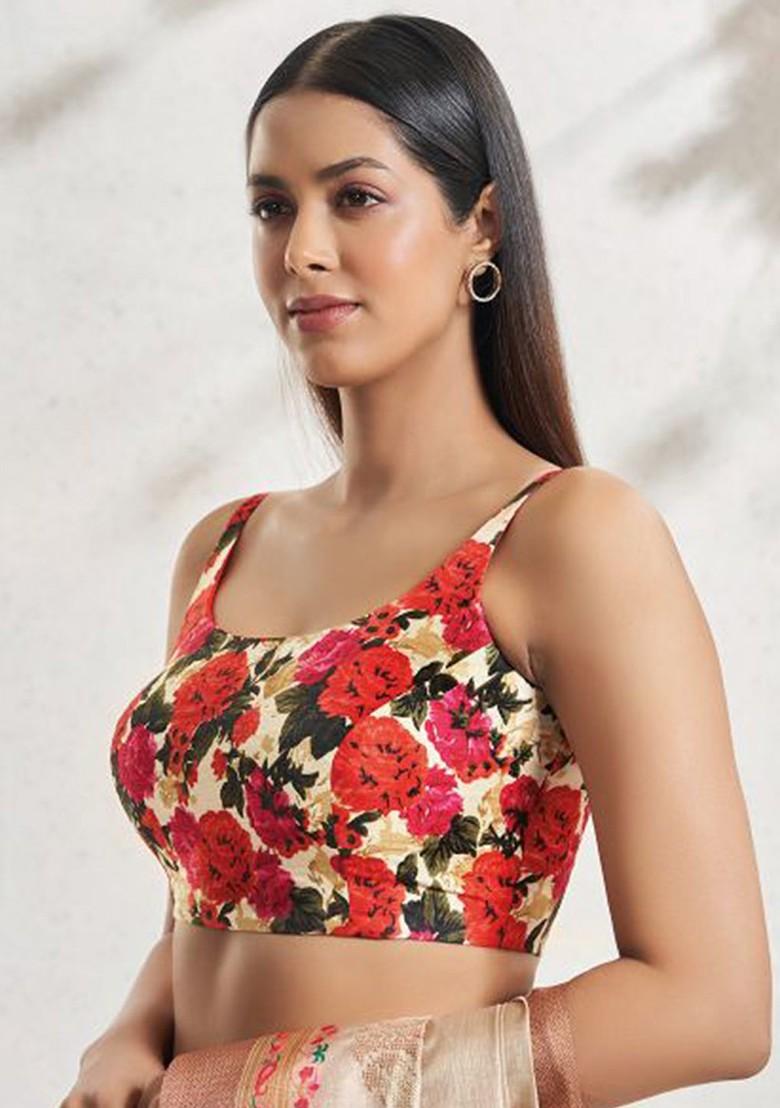 Floral Print Sleeveless Silk Readymade Saree Blouse